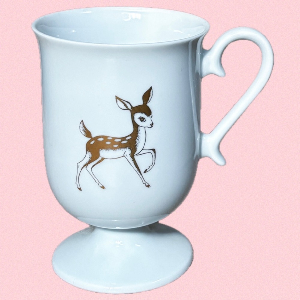 Gold Deer White Irish Coffee Mug Footed Pedestal Cup Woodland Winter Holiday